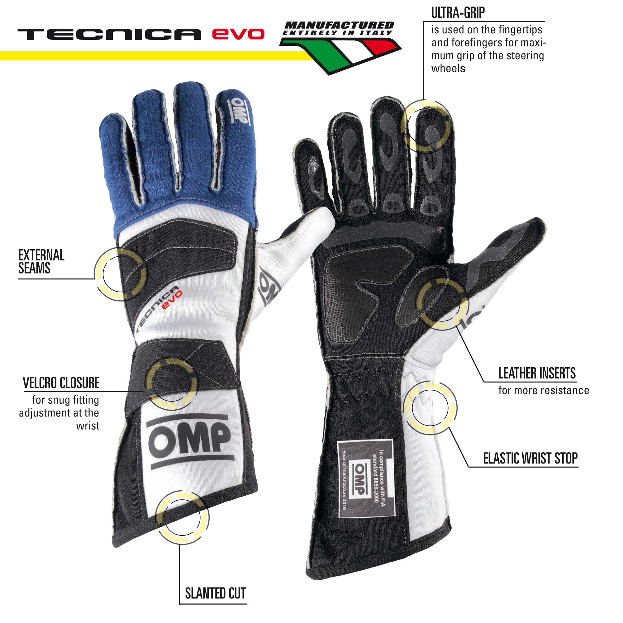 Size: XL OMP Racing IB756ENGIXL Tecnica EVO Driving Gloves Antrhacite Yellow 